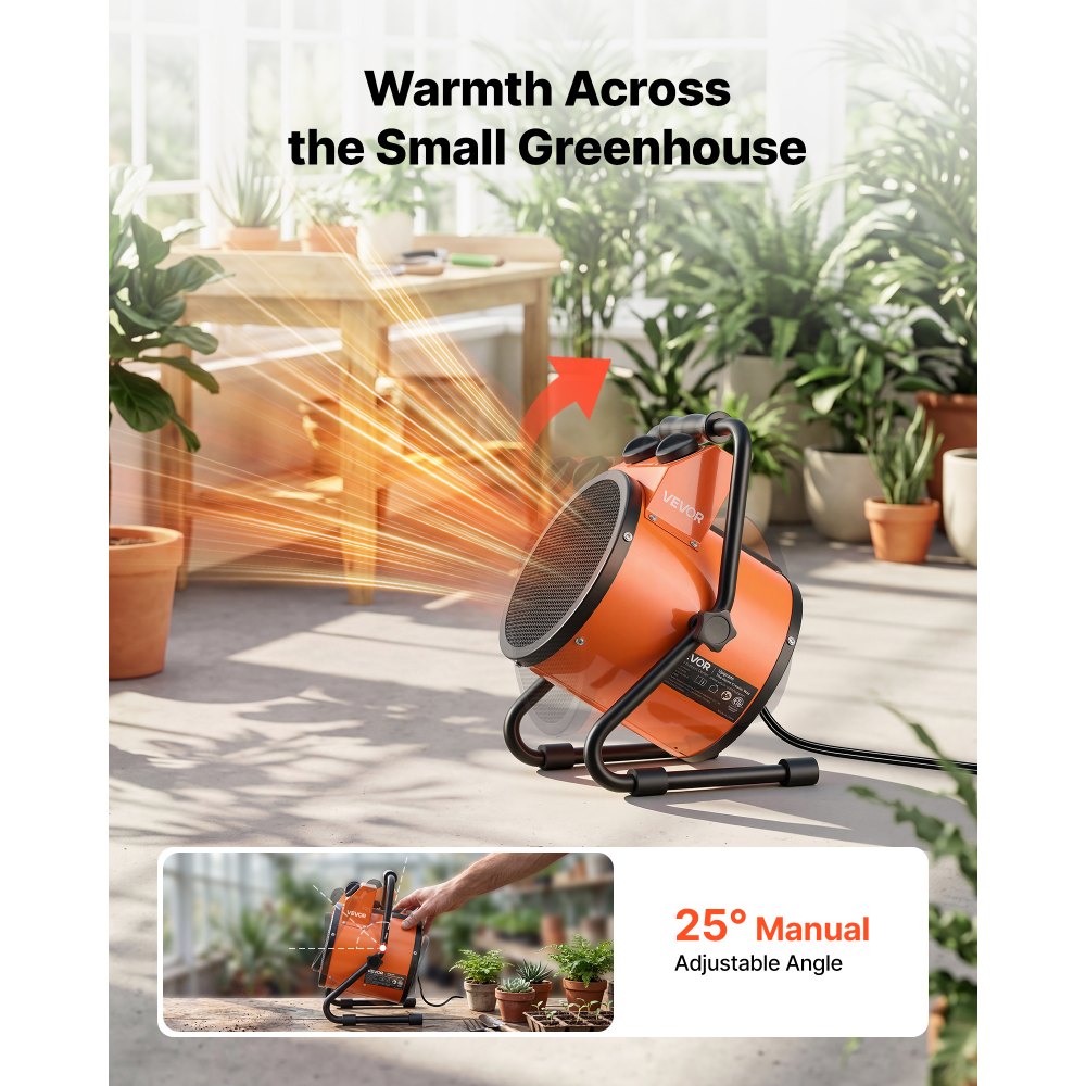 VEVOR Greenhouse Heater, 1500W Electric Space Heater with Fan & High Heat Modes, IPX4 Protection, 25° Adjustable Angle, Overheat Protection, for Grow Tent, Small Greenhouse, Flower Room, Home Office