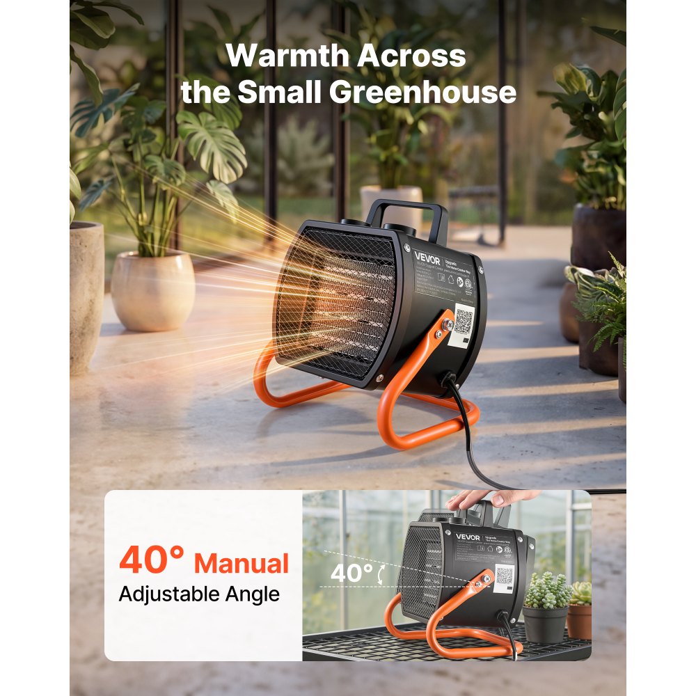 VEVOR Greenhouse Heater, 1500W Electric PTC Space Heater with Fan, Low & High Heat Modes, 40° Adjustable Angle, Overheat Protection, Portable for Grow Tent, Small Greenhouse, Flower Room, Home Office
