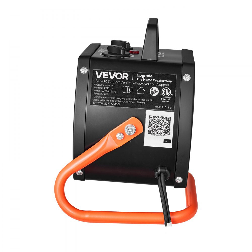VEVOR Greenhouse Heater, 1500W Electric PTC Space Heater with Fan, Low & High Heat Modes, 40° Adjustable Angle, Overheat Protection, Portable for Grow Tent, Small Greenhouse, Flower Room, Home Office