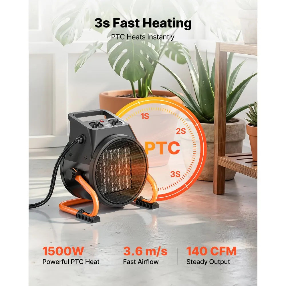 VEVOR Greenhouse Heater, 1500W Electric PTC Space Heater with Fan, Low & High Heat Modes, 15° Adjustable Angle, Overheat Protection, Portable for Grow Tent, Small Greenhouse, Flower Room, Home Office