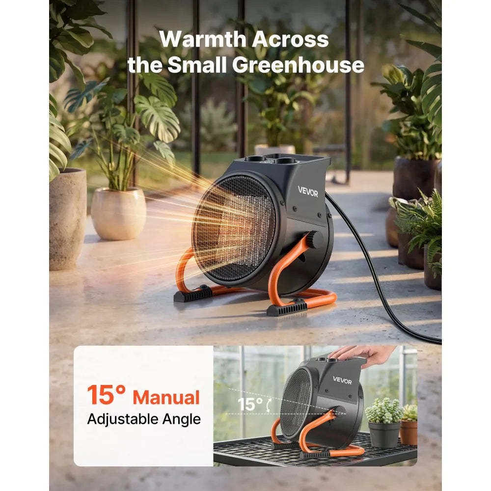 VEVOR Greenhouse Heater, 1500W Electric PTC Space Heater with Fan, Low & High Heat Modes, 15° Adjustable Angle, Overheat Protection, Portable for Grow Tent, Small Greenhouse, Flower Room, Home Office