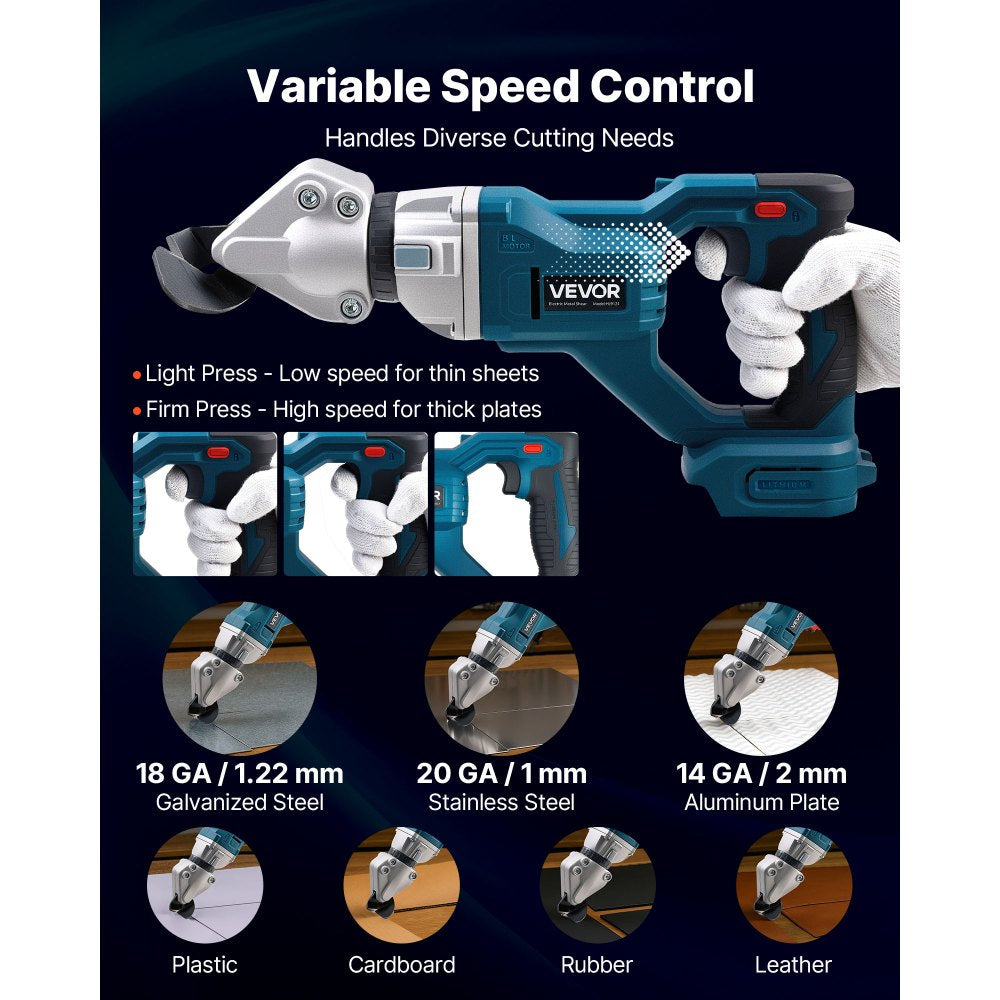 VEVOR Metal Shear, Sheet Metal Cutter Cordless with 360-Degree Pivoting Head, Double Blades, 25000 RPM Speed, Cuts 18 GA Galvanized Steel, 20 GA Stainless Steel, Aluminum Plate, Plastic, Cardboard