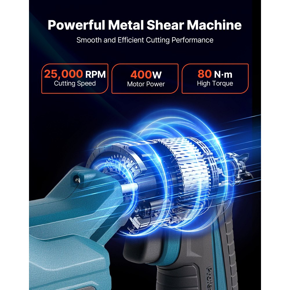 VEVOR Metal Shear, Cordless Sheet Metal Cutter with 360-Degree Pivoting Head, Double Blades, 110VAC 20VDC, Cuts 18 GA Galvanized Steel, 20 GA Stainless Steel, Aluminum, Plastic, Cardboard, 2800SPM