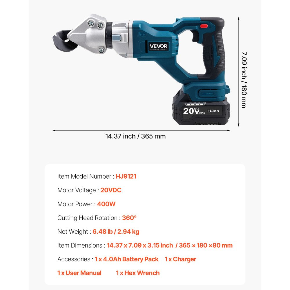 VEVOR Metal Shear, Cordless Sheet Metal Cutter with 360-Degree Pivoting Head, Double Blades, 110VAC 20VDC, Cuts 18 GA Galvanized Steel, 20 GA Stainless Steel, Aluminum, Plastic, Cardboard, 2800SPM