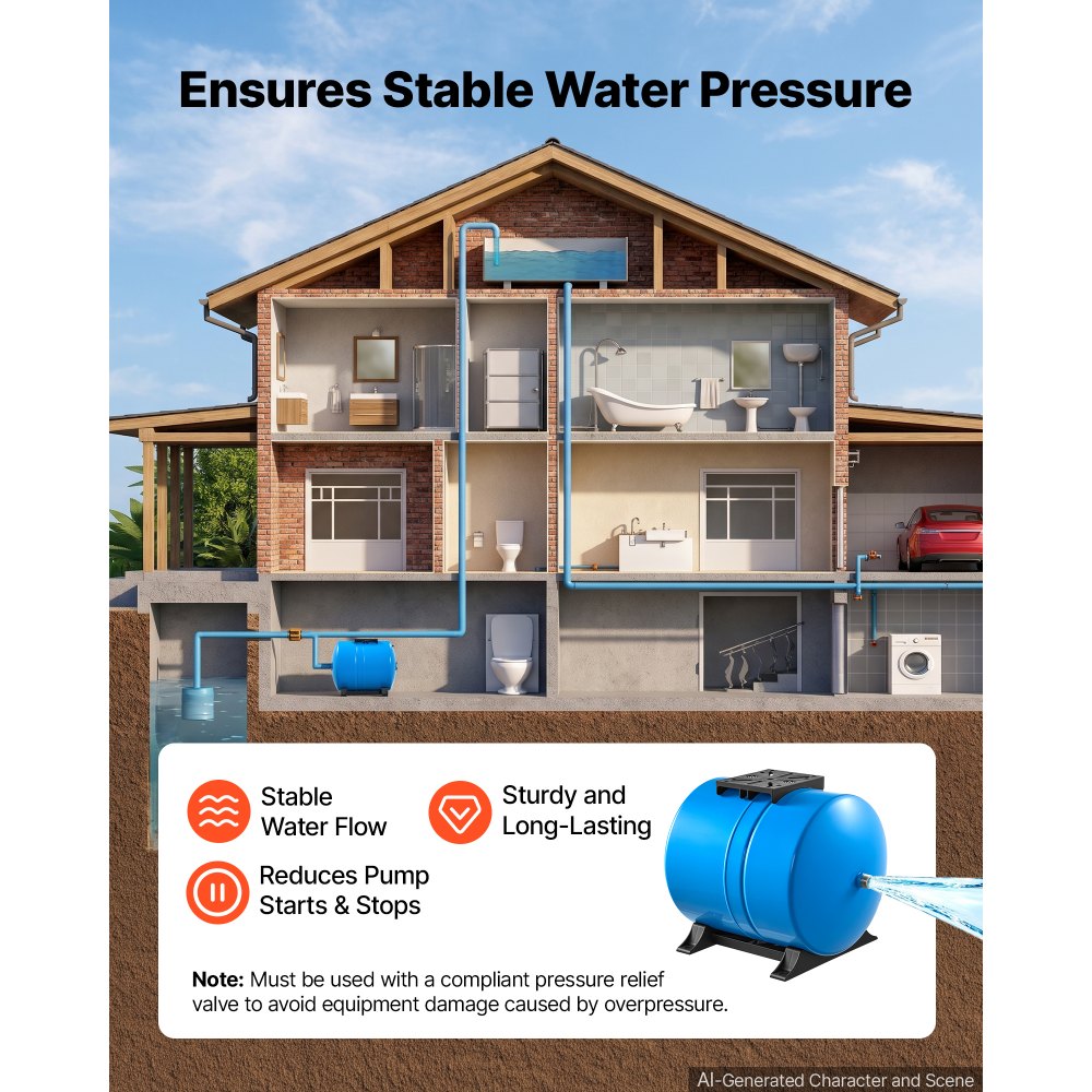 VEVOR 14-Gallon Horizontal Well Pressure Tank, Pre-Charged Pressurized Water Tank for Well Pumps, Heavy-Duty Carbon Steel Water Storage Container for Home, School, Farm & Irrigation Systems