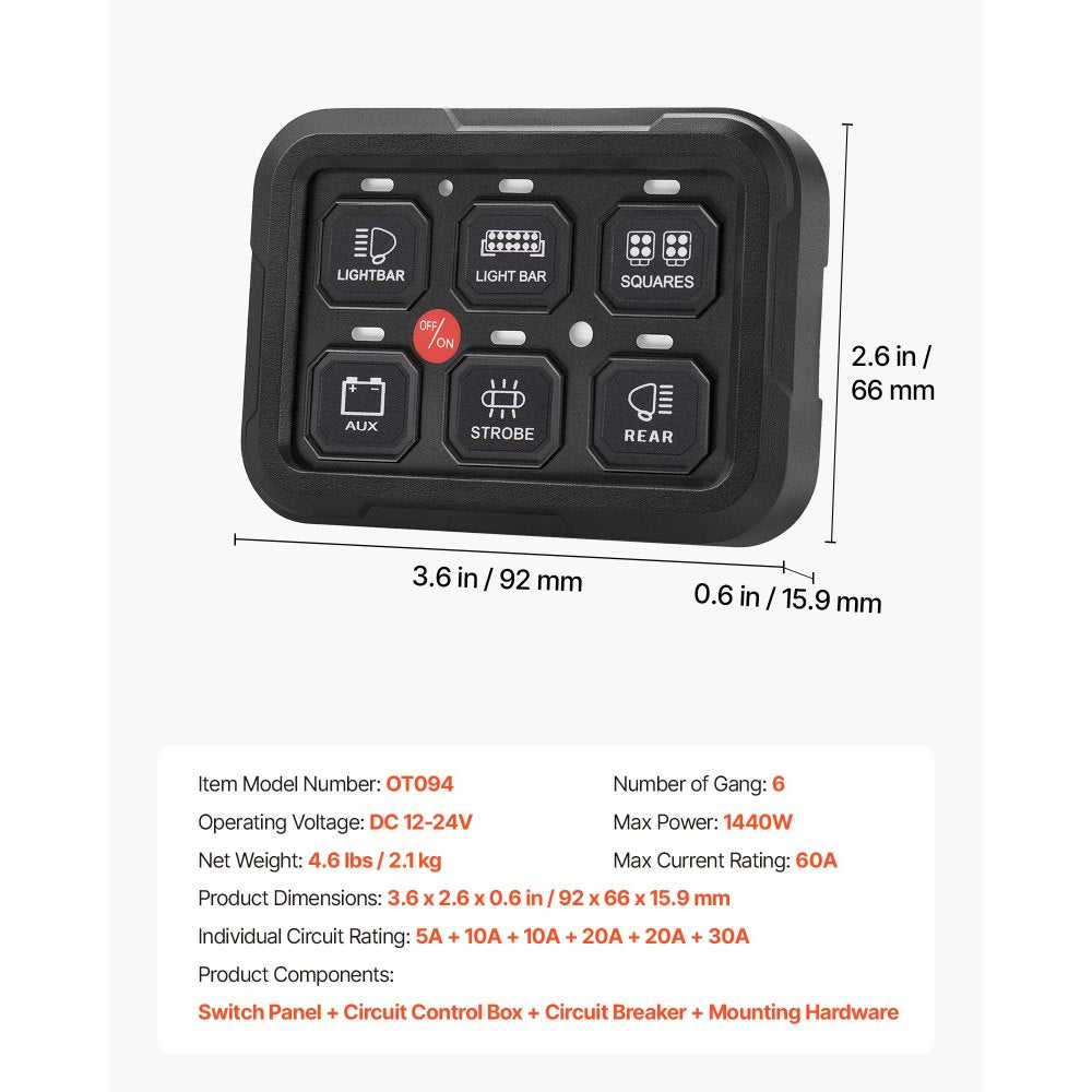 VEVOR 6 Gang Switch Panel RGB Circuit Control Box Backlight Auto-Dimmable, for 12-24V Car Truck Boat ATV UTV SUV, Toggle Momentary Strobe 3 Mode, 1440W 60A, Multifunctional Relay System, Waterproof