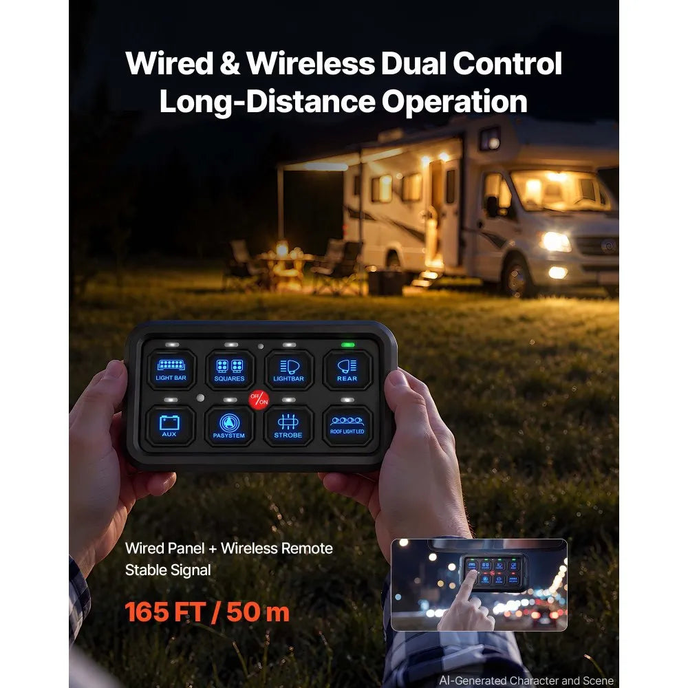 VEVOR 8 Gang Switch Panel Circuit Control Wireless Remote Up to 165 ft, for 12-24V Car Truck Pickup Boat UTV SUV, RGB Auto-Dimmable with Toggle Momentary Strobe, 1440W 60A Relay System, Waterproof