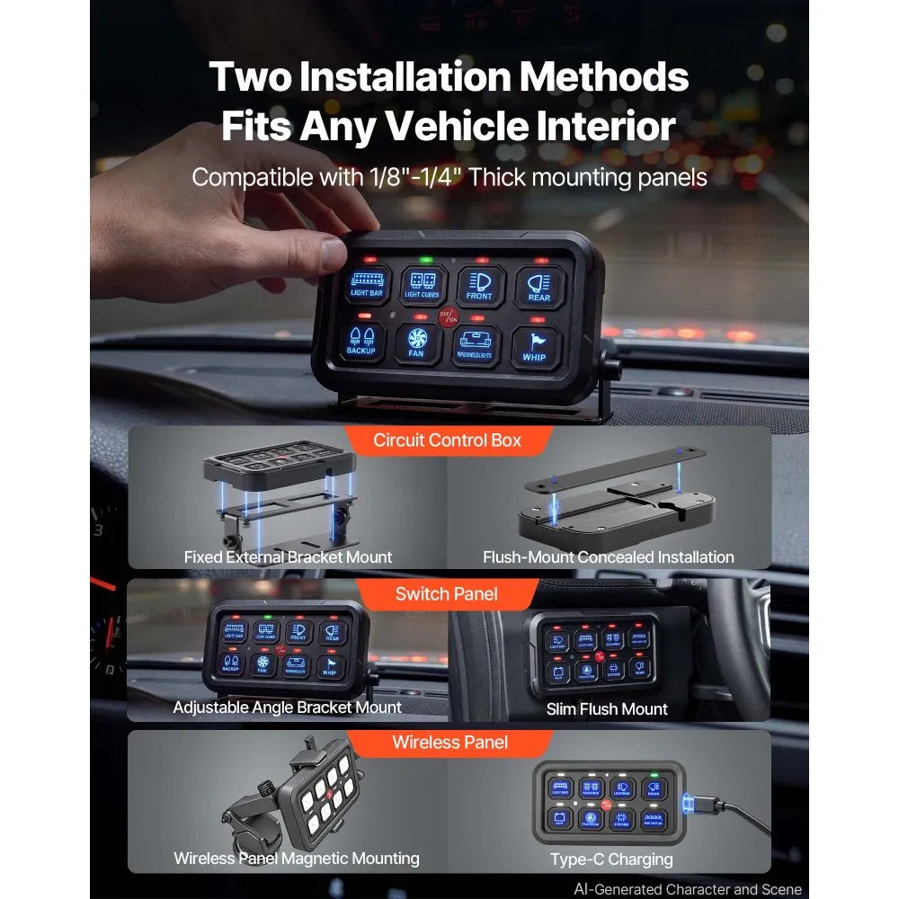 VEVOR 8 Gang Switch Panel Circuit Control Wireless Remote Up to 165 ft, for 12-24V Car Truck Pickup Boat UTV SUV, RGB Auto-Dimmable with Toggle Momentary Strobe, 1440W 60A Relay System, Waterproof