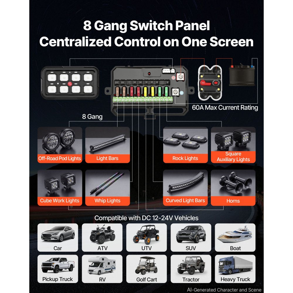VEVOR 8 Gang Switch Panel RGB Circuit Control Box Backlight Auto-Dimmable, for 12-24V Car Truck Boat ATV UTV SUV, Toggle Momentary Strobe 3 Mode, 1440W 60A, Multifunctional Relay System, Waterproof