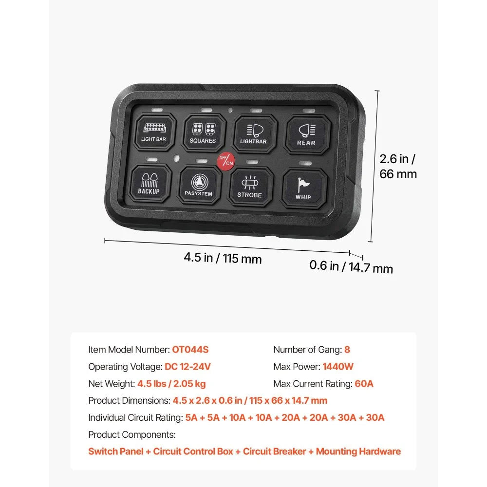 VEVOR 8 Gang Switch Panel RGB Circuit Control Box Backlight Auto-Dimmable, for 12-24V Car Truck Boat ATV UTV SUV, Toggle Momentary Strobe 3 Mode, 1440W 60A, Multifunctional Relay System, Waterproof