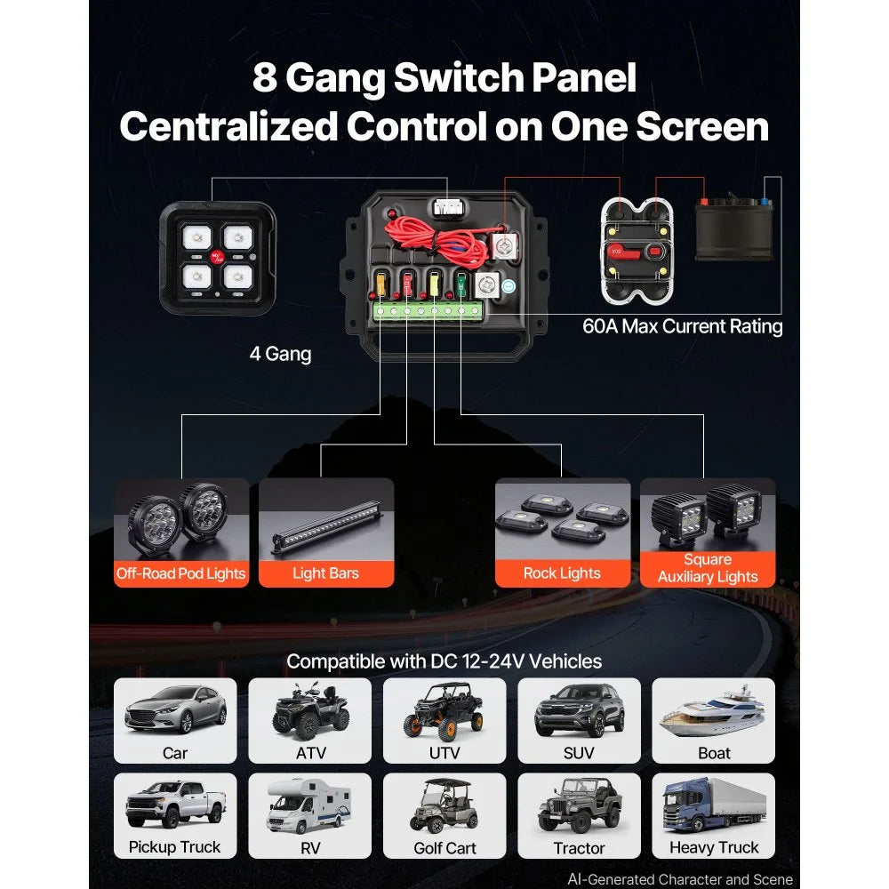 VEVOR 4 Gang Switch Panel RGB Circuit Control Box Backlight Auto-Dimmable, for 12-24V Car Truck Boat ATV UTV SUV, Toggle Momentary Strobe 3 Mode, 1440W 60A, Multifunctional Relay System, Waterproof