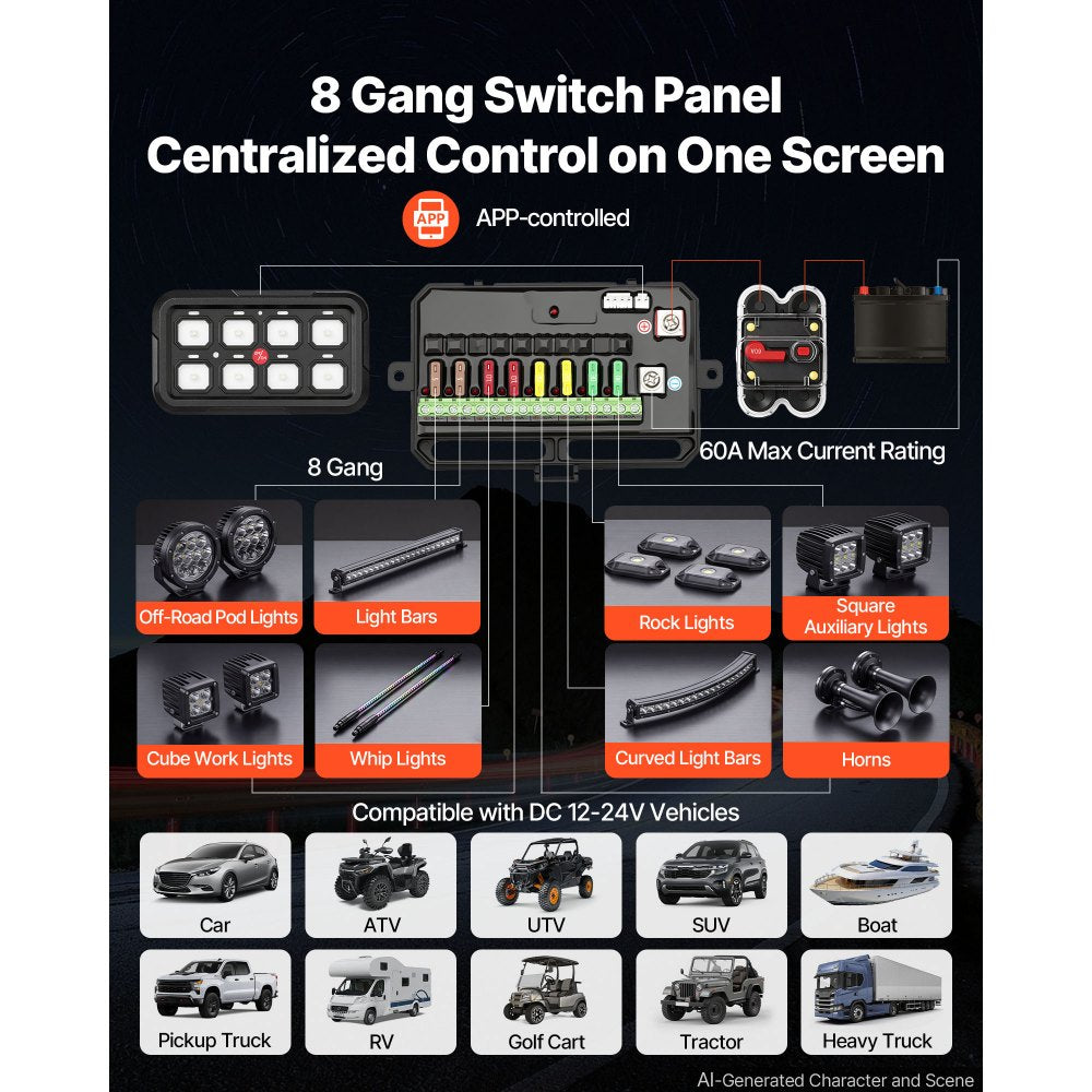 VEVOR 8 Gang Switch Panel RGB Circuit Control Box APP Control Backlight, for 12-24V Car Truck Boat ATV UTV SUV, Toggle Momentary Strobe 3 Mode, 1440W 60A, Multifunctional Relay System, Waterproof