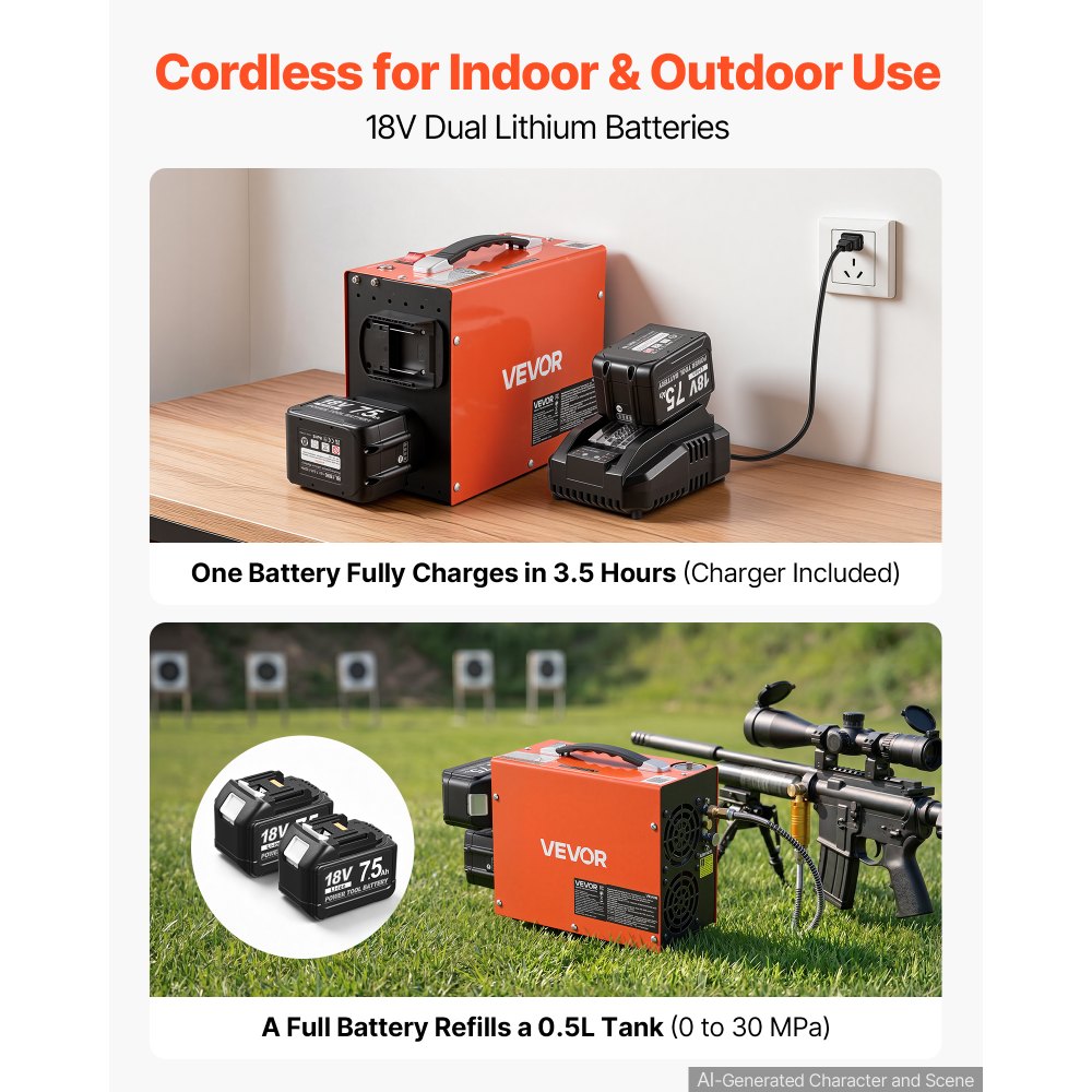 VEVOR Cordless PCP Air Compressor 4500PSI/30 MPa with Dual 18V 7.5AH Batteries, Auto Stop 250W PCP Airgun Compressor, Portable Paintball Tank Compressors for Air Rifle, Scuba Diving Bottle