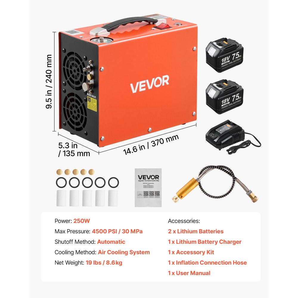 VEVOR Cordless PCP Air Compressor 4500PSI/30 MPa with Dual 18V 7.5AH Batteries, Auto Stop 250W PCP Airgun Compressor, Portable Paintball Tank Compressors for Air Rifle, Scuba Diving Bottle