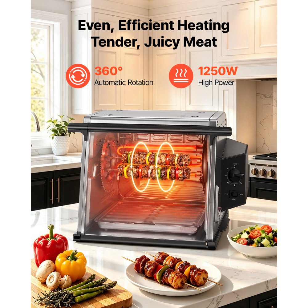 VEVOR Rotisserie Oven Large Capacity 12L Shawarma Grill Machine 1250W, for Chicken, Beef Ribs, Lamb Leg, Grilled Vegetables, Countertop Grill Roaster with Heat-Resistant Door and Timer Control