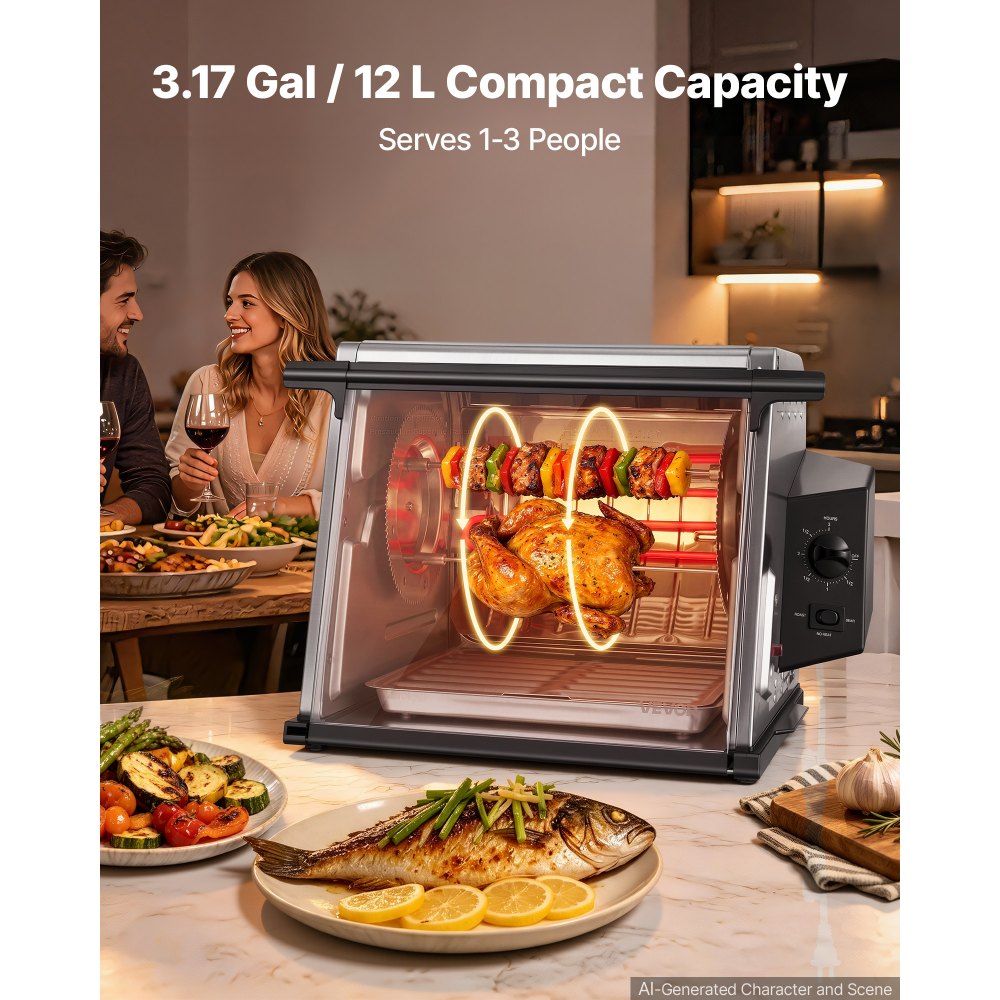 VEVOR Rotisserie Oven Large Capacity 12L Shawarma Grill Machine 1250W, for Chicken, Beef Ribs, Lamb Leg, Grilled Vegetables, Countertop Grill Roaster with Heat-Resistant Door and Timer Control
