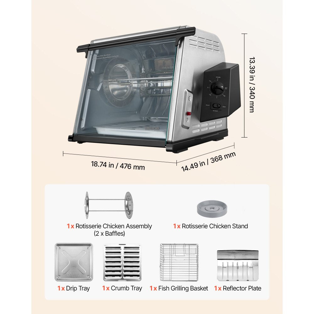 VEVOR Rotisserie Oven Large Capacity 12L Shawarma Grill Machine 1250W, for Chicken, Beef Ribs, Lamb Leg, Grilled Vegetables, Countertop Grill Roaster with Heat-Resistant Door and Timer Control