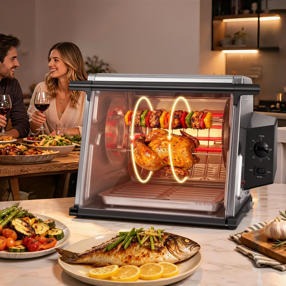 VEVOR Rotisserie Oven Large Capacity 12L Shawarma Grill Machine 1250W, for Chicken, Beef Ribs, Lamb Leg, Grilled Vegetables, Countertop Grill Roaster with Heat-Resistant Door and Timer Control