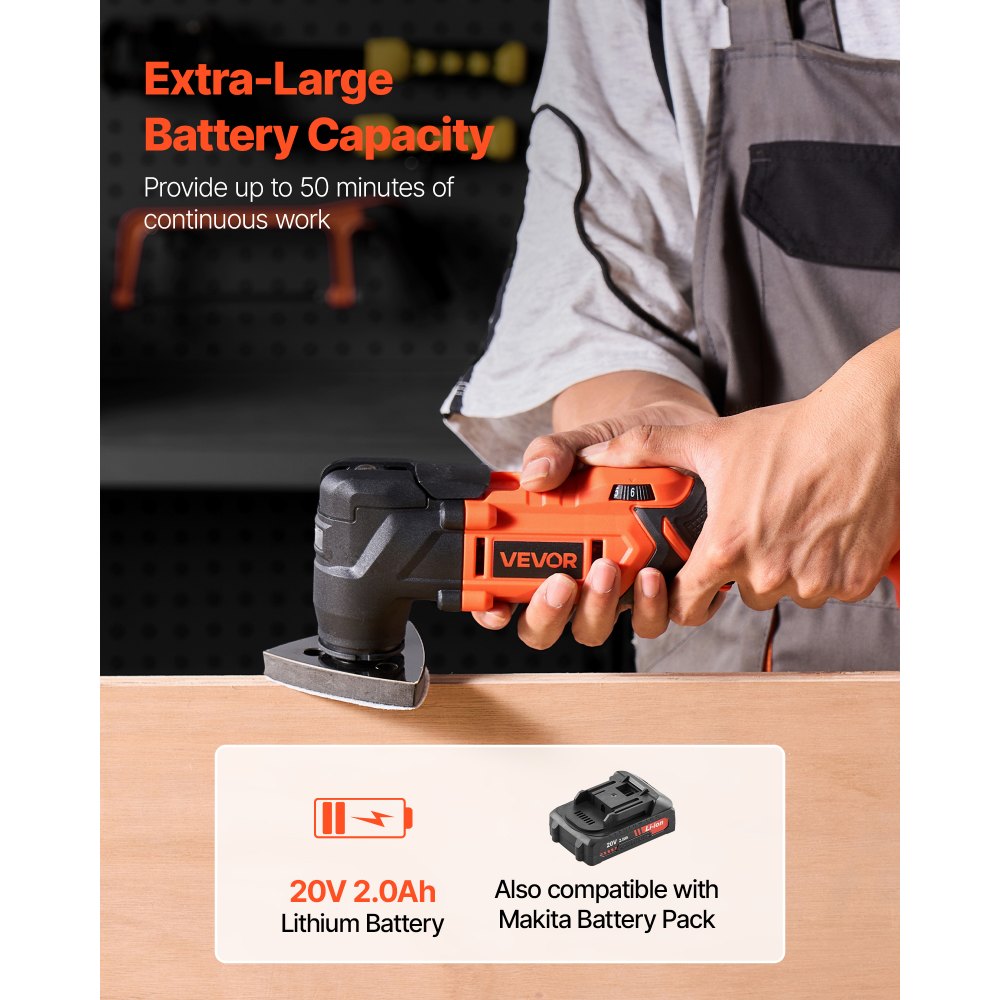 VEVOR Cordless Oscillating Tool, 20V Oscillating Multi Tool Kit with 6 Variable Speeds 8500 - 17000 OPM, 3.2° Oscillation Angle, 2.0Ah Battery Pack & Charger, 12PCS Saw Accessories & LED Work Light