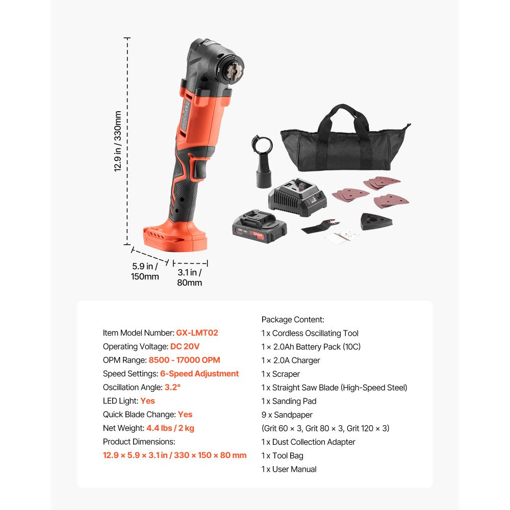 VEVOR Cordless Oscillating Tool, 20V Oscillating Multi Tool Kit with 6 Variable Speeds 8500 - 17000 OPM, 3.2° Oscillation Angle, 2.0Ah Battery Pack & Charger, 12PCS Saw Accessories & LED Work Light