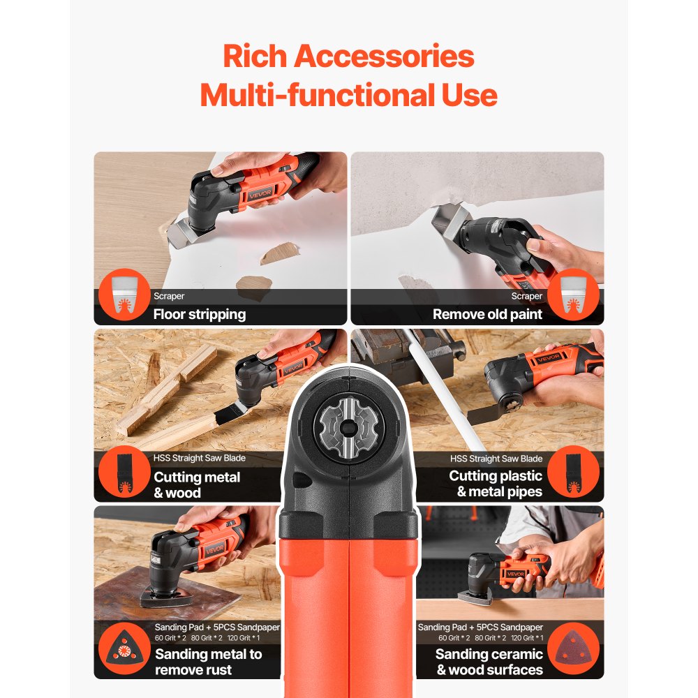 VEVOR Cordless Oscillating Tool, 20V Multitool Oscillating Tool with 6 Variable Speeds 8500 - 17000 OPM, 3.2° Oscillating Angle, 8PCS Saw Accessories & LED Work Light (Battery Pack Not Included)