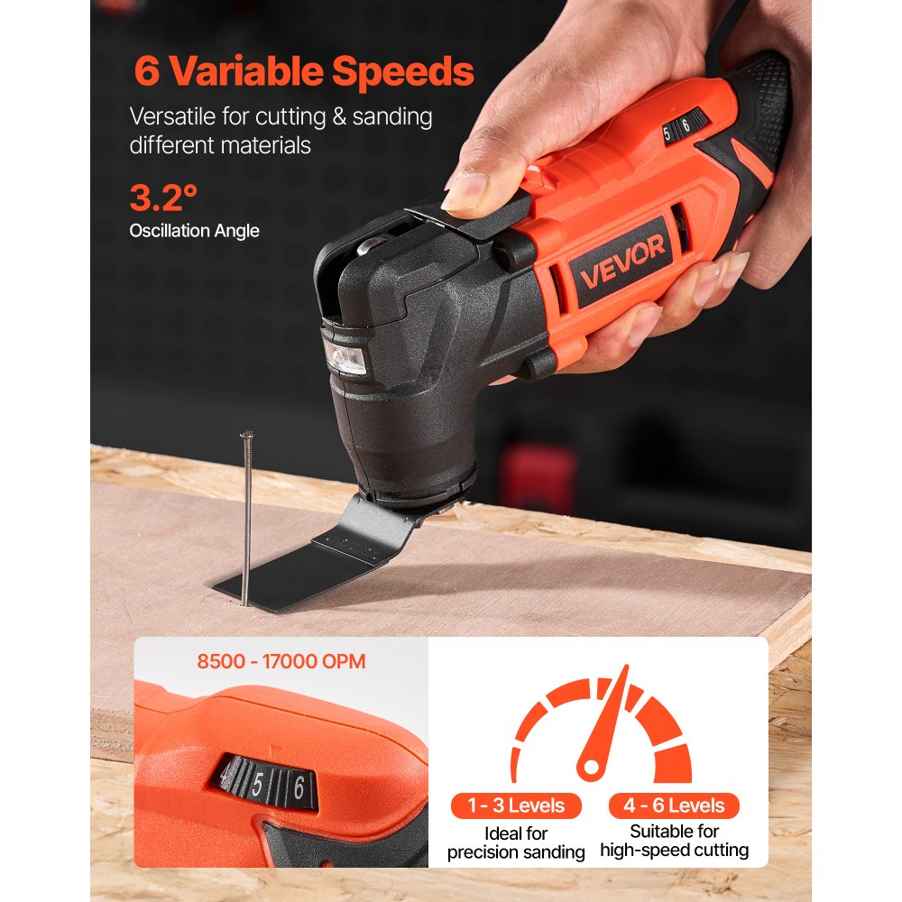 VEVOR Cordless Oscillating Tool, 20V Multitool Oscillating Tool with 6 Variable Speeds 8500 - 17000 OPM, 3.2° Oscillating Angle, 8PCS Saw Accessories & LED Work Light (Battery Pack Not Included)