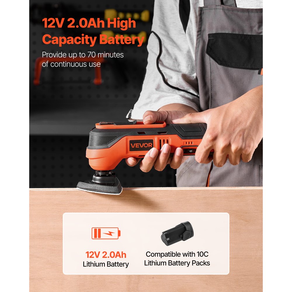 VEVOR Cordless Oscillating Tool, 12V Multitool Oscillating Saw Tool with 6 Variable Speeds 6000 - 17500 OPM, 3.2° Oscillation Angle, 2.0Ah Battery Pack & Charger, 8PCS Saw Accessories & LED Work Light