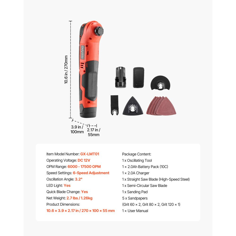 VEVOR Cordless Oscillating Tool, 12V Multitool Oscillating Saw Tool with 6 Variable Speeds 6000 - 17500 OPM, 3.2° Oscillation Angle, 2.0Ah Battery Pack & Charger, 8PCS Saw Accessories & LED Work Light