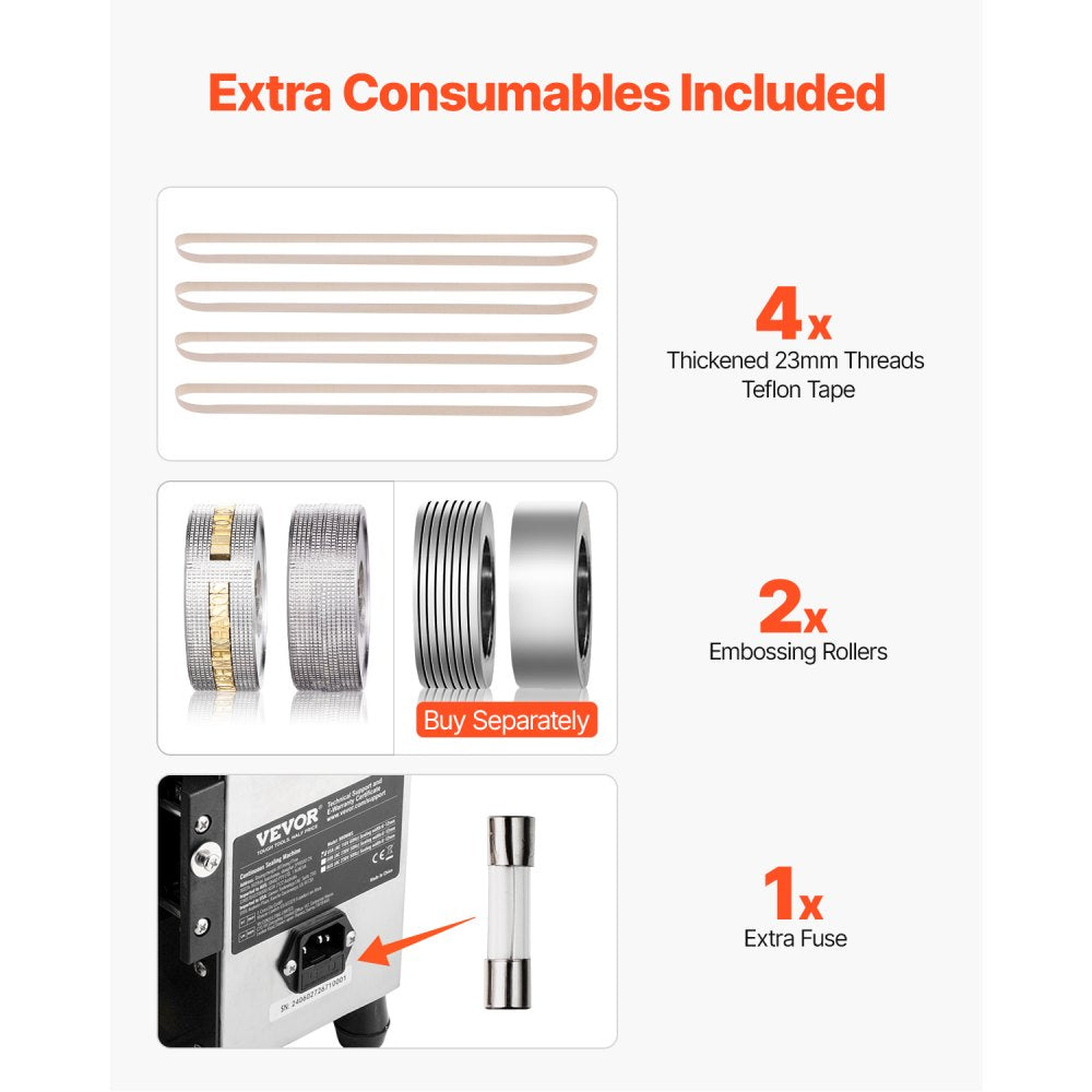 VEVOR Continuous Bag Band Sealing Machine, 0.24-0.47 in/6-12 mm Seal Width, Horizontal Band Sealer Machine with Digital Temperature Control, Stainless Steel Bag Sealer for 0.02-0.8 mm Plastic Bag Film