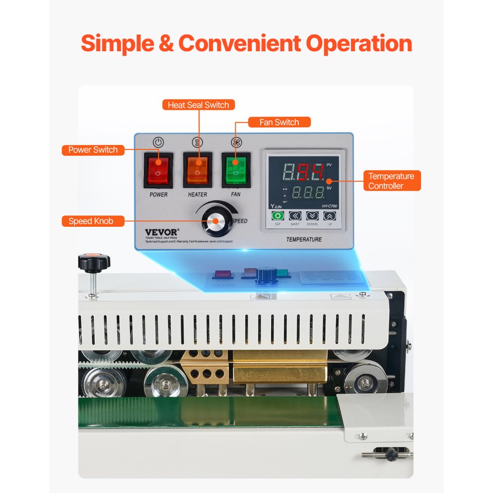 VEVOR Continuous Bag Band Sealing Machine, 0.24-0.47 in/6-12 mm Seal Width, Horizontal Band Sealer Machine with Digital Temperature Control, Carbon Steel Bag Sealer for 0.02-0.8 mm Plastic Bags Films