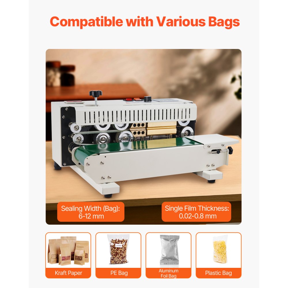 VEVOR Continuous Bag Band Sealing Machine, 0.24-0.47 in/6-12 mm Seal Width, Horizontal Band Sealer Machine with Digital Temperature Control, Bag Sealer for 0.02-0.8 mm Plastic Bags with Count Function
