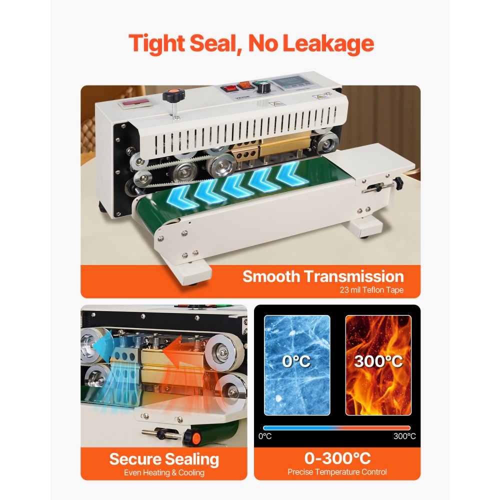VEVOR Continuous Bag Band Sealing Machine, 0.24-0.47 in/6-12 mm Seal Width, Horizontal Band Sealer Machine with Digital Temperature Control, Bag Sealer for 0.02-0.8 mm Plastic Bags with Count Function