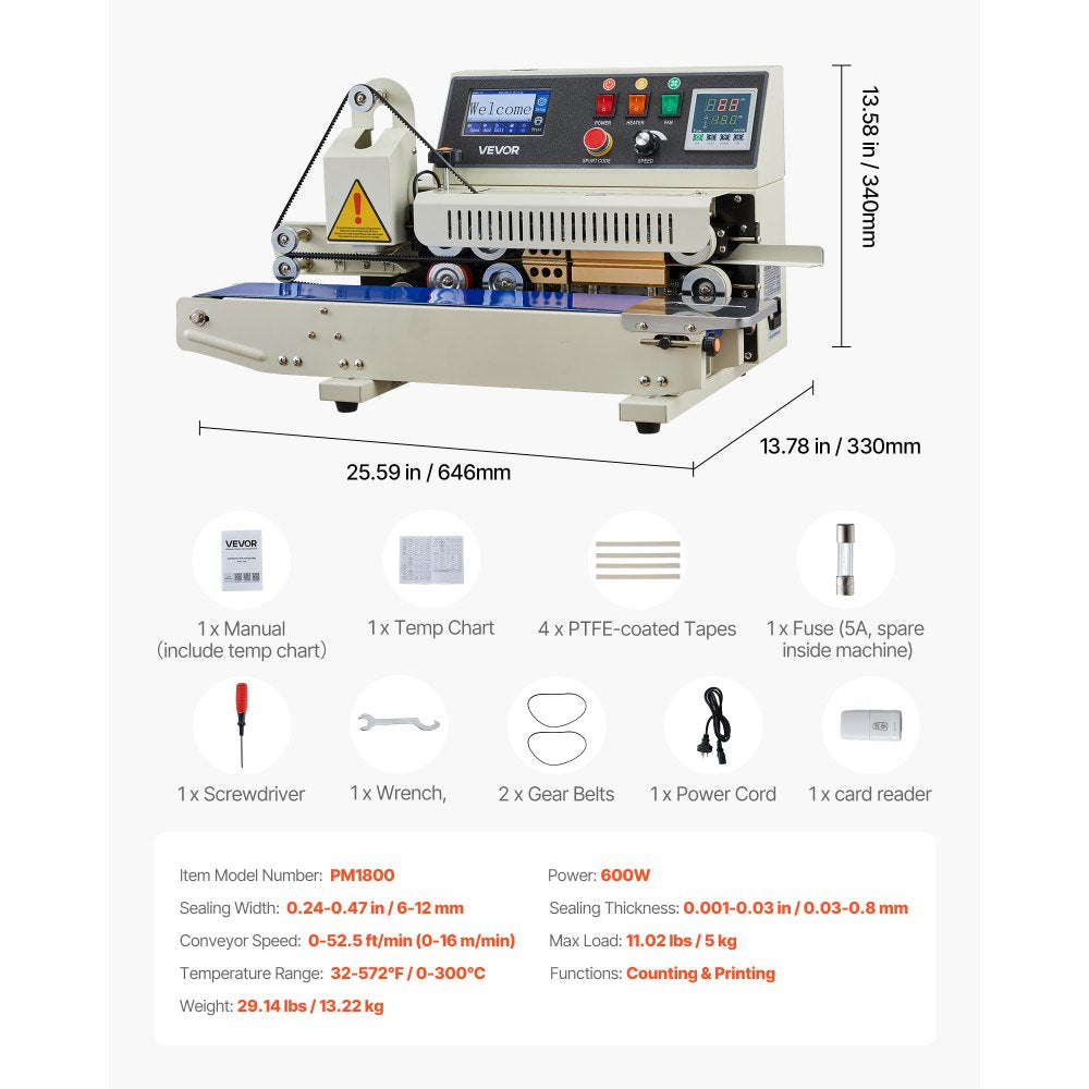 VEVOR PM1800 band sealer dimensions and included items overview