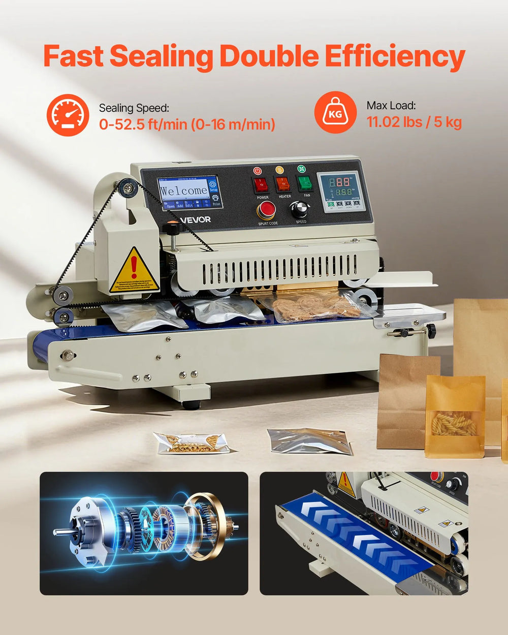 VEVOR continuous band sealer fast sealing double efficiency