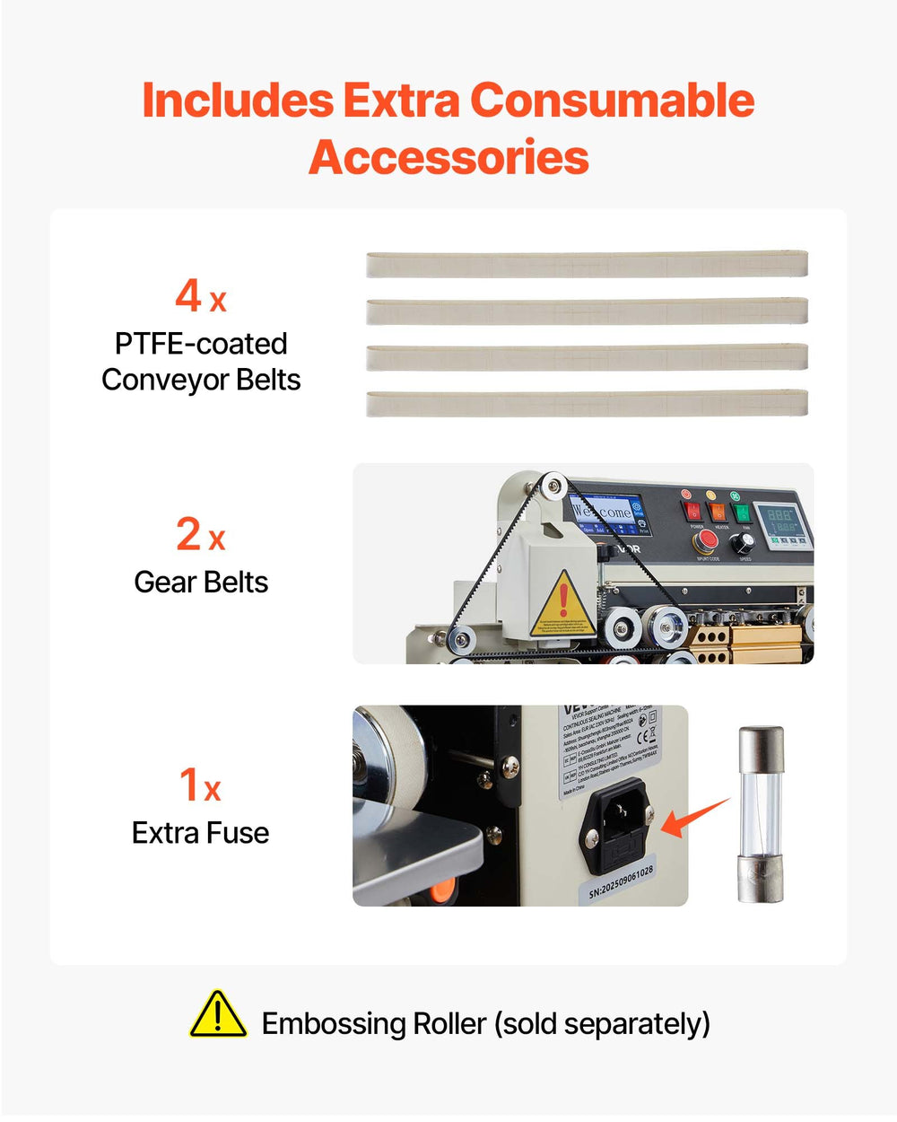 VEVOR band sealer includes extra consumable accessories PTFE conveyor belts gear belts fuse
