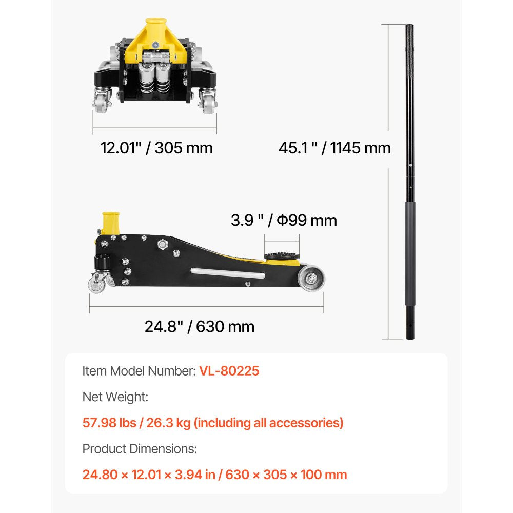 VEVOR Low Profile Floor Jack, 2.5 Ton (5500 lbs) Capacity, Aluminum & Steel Racing Floor Jack with Dual Pistons Quick Lift Pump, Hydraulic Trolley Car Lift for Compact SUVs, Lifting Range 3.74-18.7 in