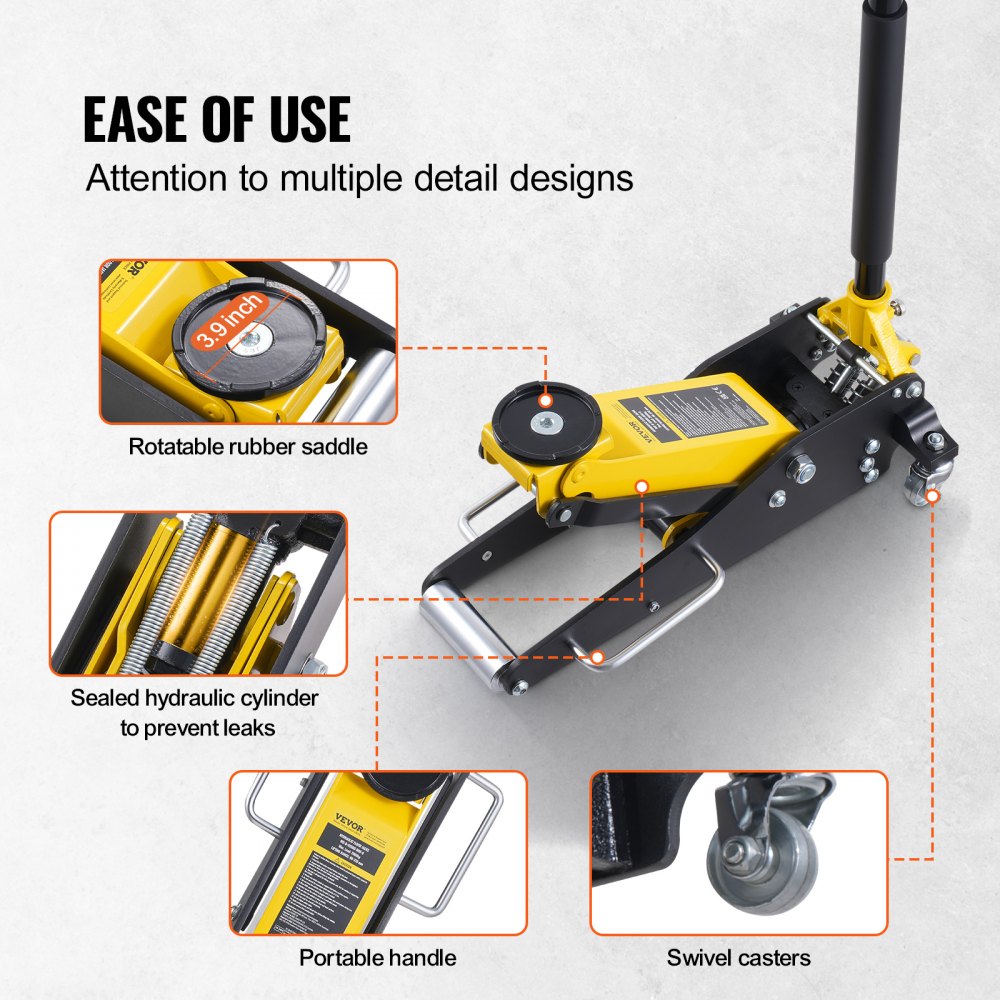VEVOR Low Profile Floor Jack 2 Ton (4400 lbs) , Heavy Duty Aluminum Hydraulic Racing Floor Jack, Hydraulic Car Jack, Dual Piston Quick Lift Pump, 3.2"-14.6" Height Lifting Range (Yellow)
