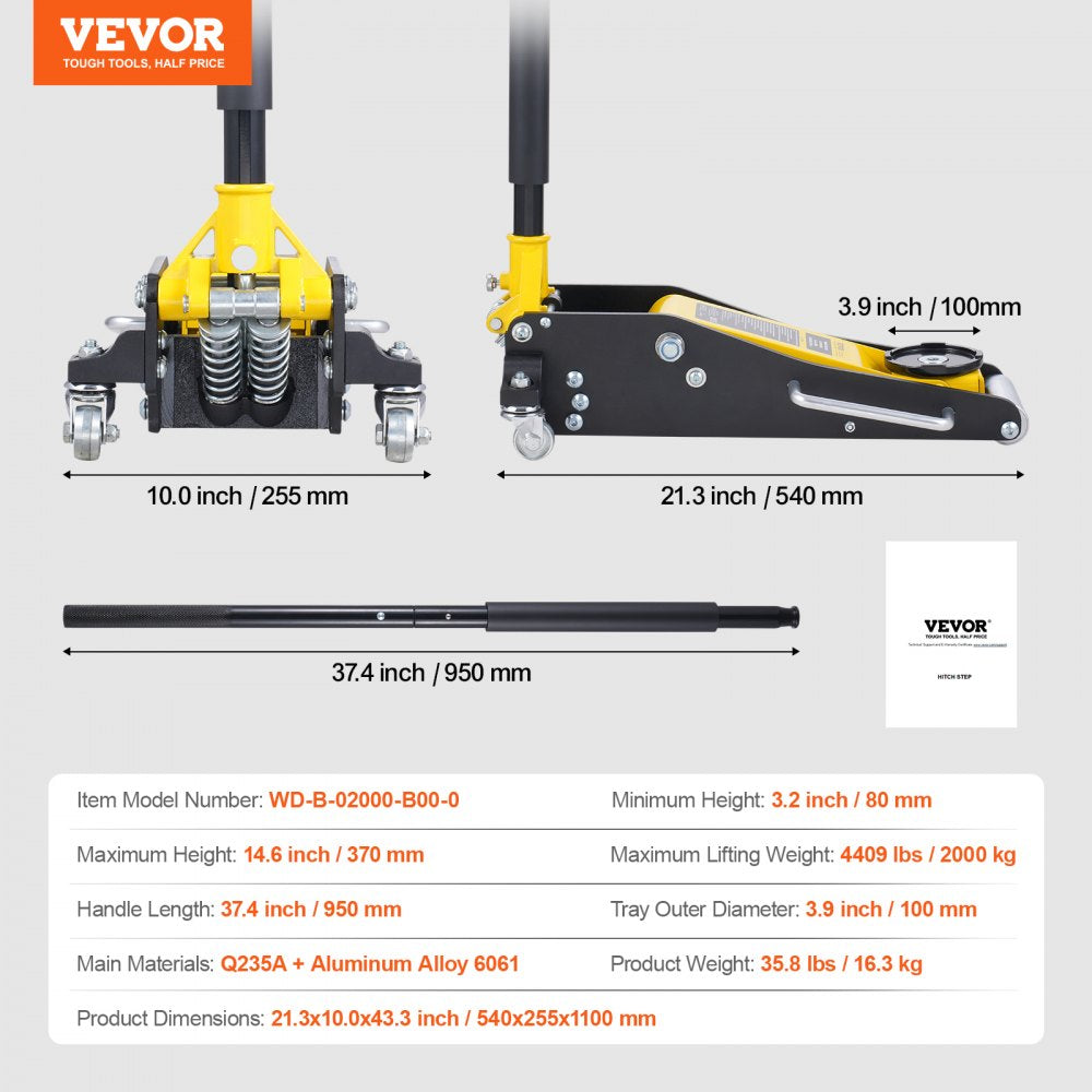 VEVOR Low Profile Floor Jack 2 Ton (4400 lbs) , Heavy Duty Aluminum Hydraulic Racing Floor Jack, Hydraulic Car Jack, Dual Piston Quick Lift Pump, 3.2"-14.6" Height Lifting Range (Yellow)