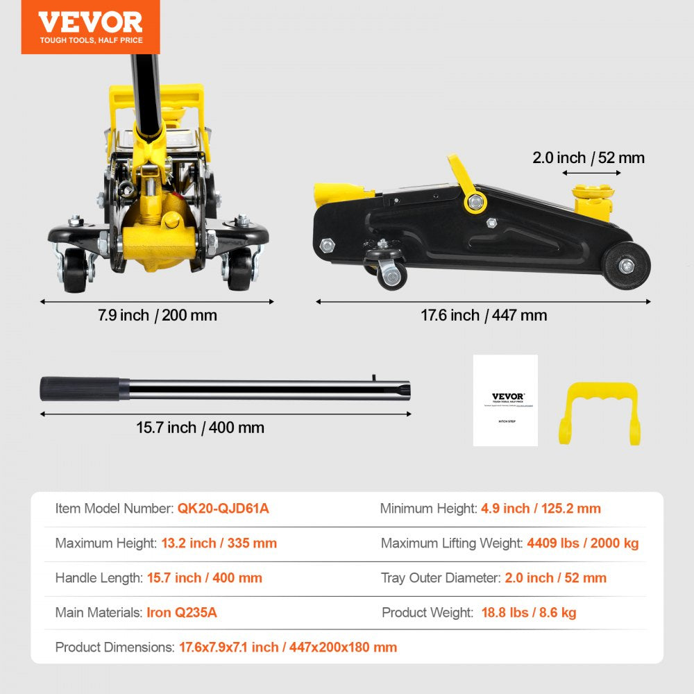 VEVOR Low Profile Floor Jack 2 Ton (4400 lbs), Heavy Duty Iron Hydraulic Racing Floor Jack, Hydraulic Car Jack, Single Piston Quick Lift Pump, 4.9"-13.2" Height Lifting Range (Yellow)