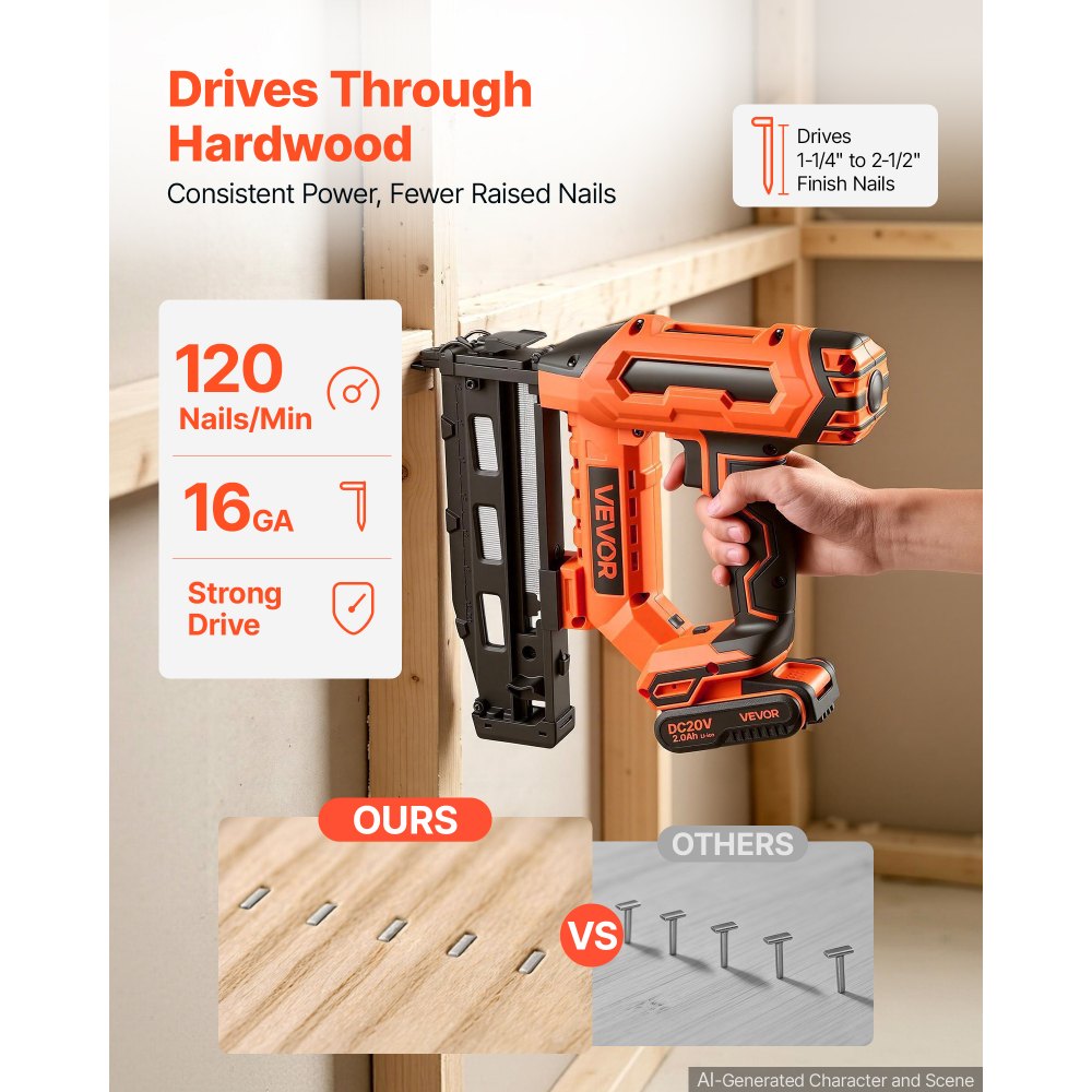 VEVOR Cordless Finish Nailer 20V 16GA Straight Cordless Nailer with Battery, Drives 1-1/4" to 2-1/2" Nails, with 1500 Nails, 2.0Ah Lithium-Ion Battery and Charger, with Ergonomic Handle, Lightweight