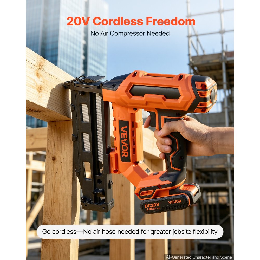 VEVOR Cordless Finish Nailer 20V 16GA Straight Cordless Nailer with Battery, Drives 1-1/4" to 2-1/2" Nails, with 1500 Nails, 2.0Ah Lithium-Ion Battery and Charger, with Ergonomic Handle, Lightweight
