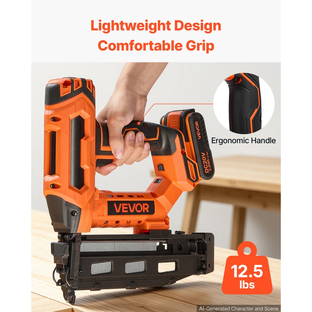 VEVOR Cordless Finish Nailer 20V 16GA Straight Cordless Nailer with Battery, Drives 1-1/4" to 2-1/2" Nails, with 1500 Nails, 2.0Ah Lithium-Ion Battery and Charger, with Ergonomic Handle, Lightweight