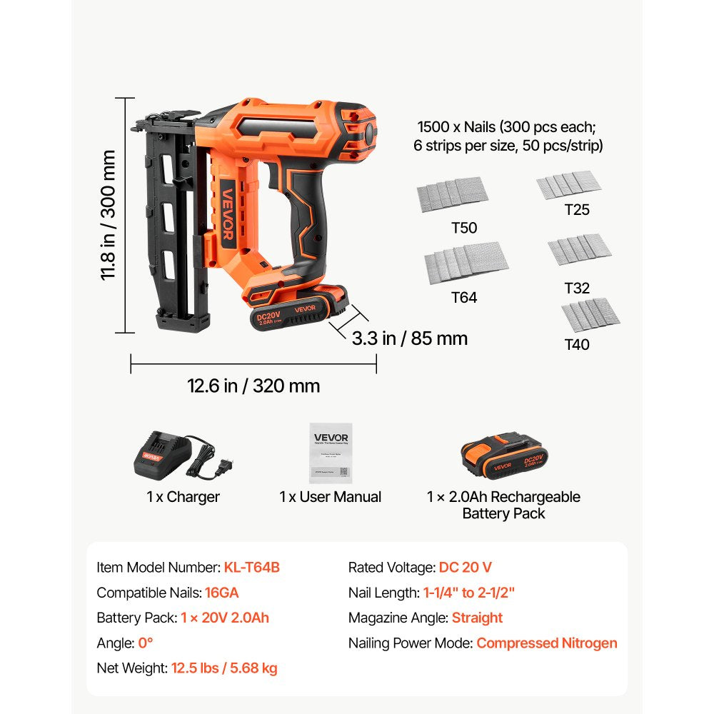 VEVOR Cordless Finish Nailer 20V 16GA Straight Cordless Nailer with Battery, Drives 1-1/4" to 2-1/2" Nails, with 1500 Nails, 2.0Ah Lithium-Ion Battery and Charger, with Ergonomic Handle, Lightweight