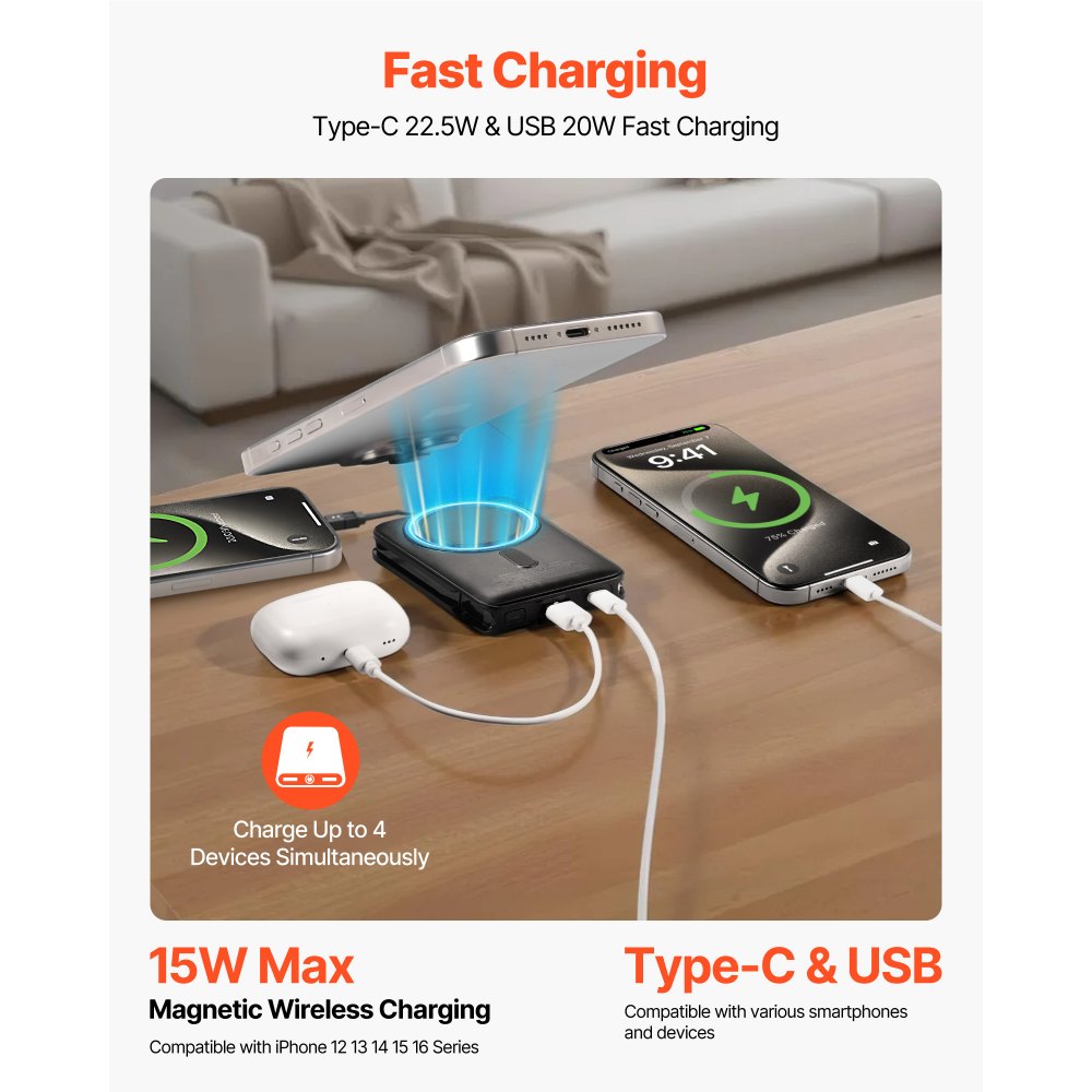 VEVOR Magnetic Power Bank, 10000 mAh Battery Pack, Wireless MagSafe-Compatible Portable Charger, with Smart LED Display, Foldable Stand, Fast Charging for iPhone16/15/14/13/12 Series, Samsung, Huawei