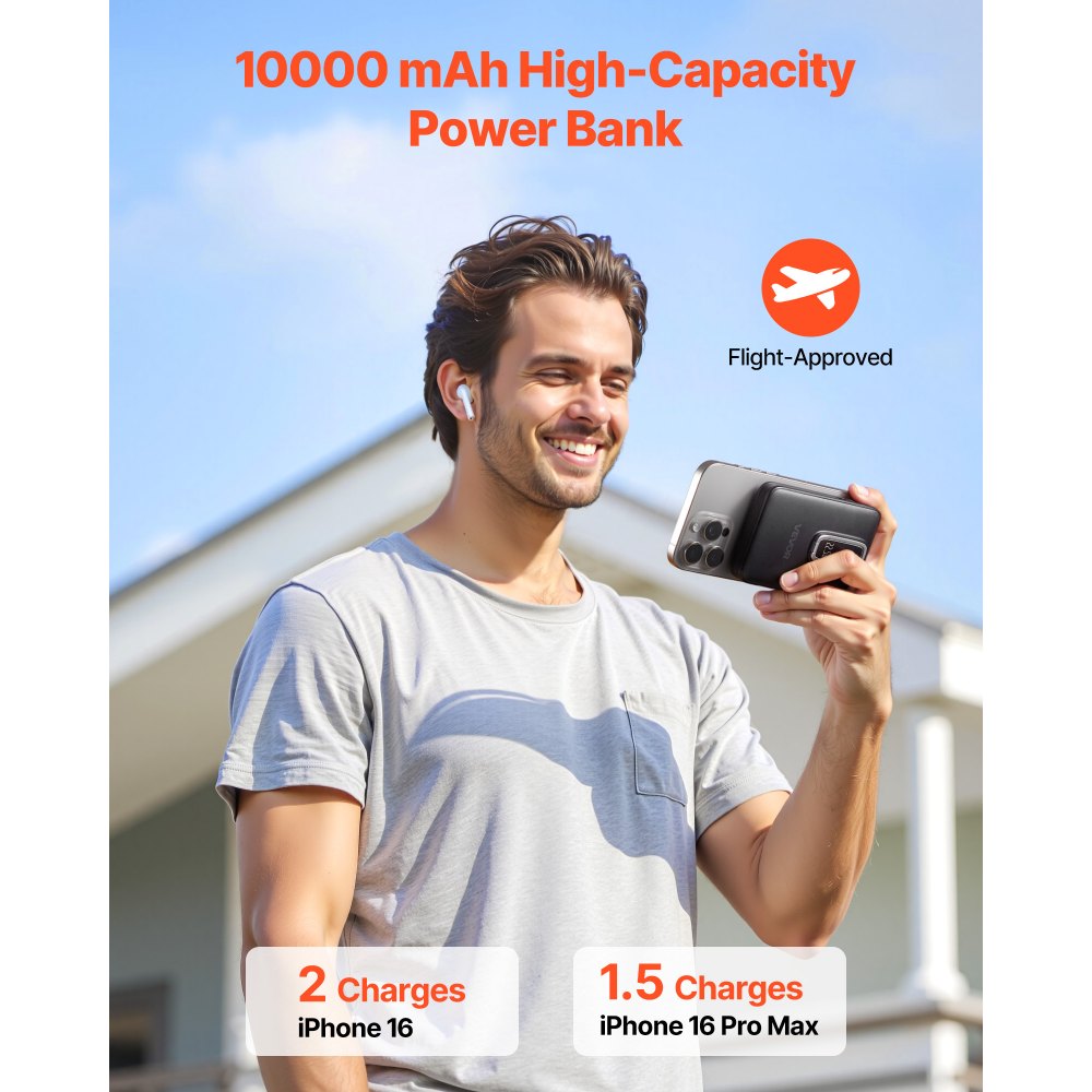 VEVOR Magnetic Power Bank, 10000 mAh Battery Pack, Wireless MagSafe-Compatible Portable Charger, with Smart LED Display, Foldable Stand, Fast Charging for iPhone16/15/14/13/12 Series, Samsung, Huawei