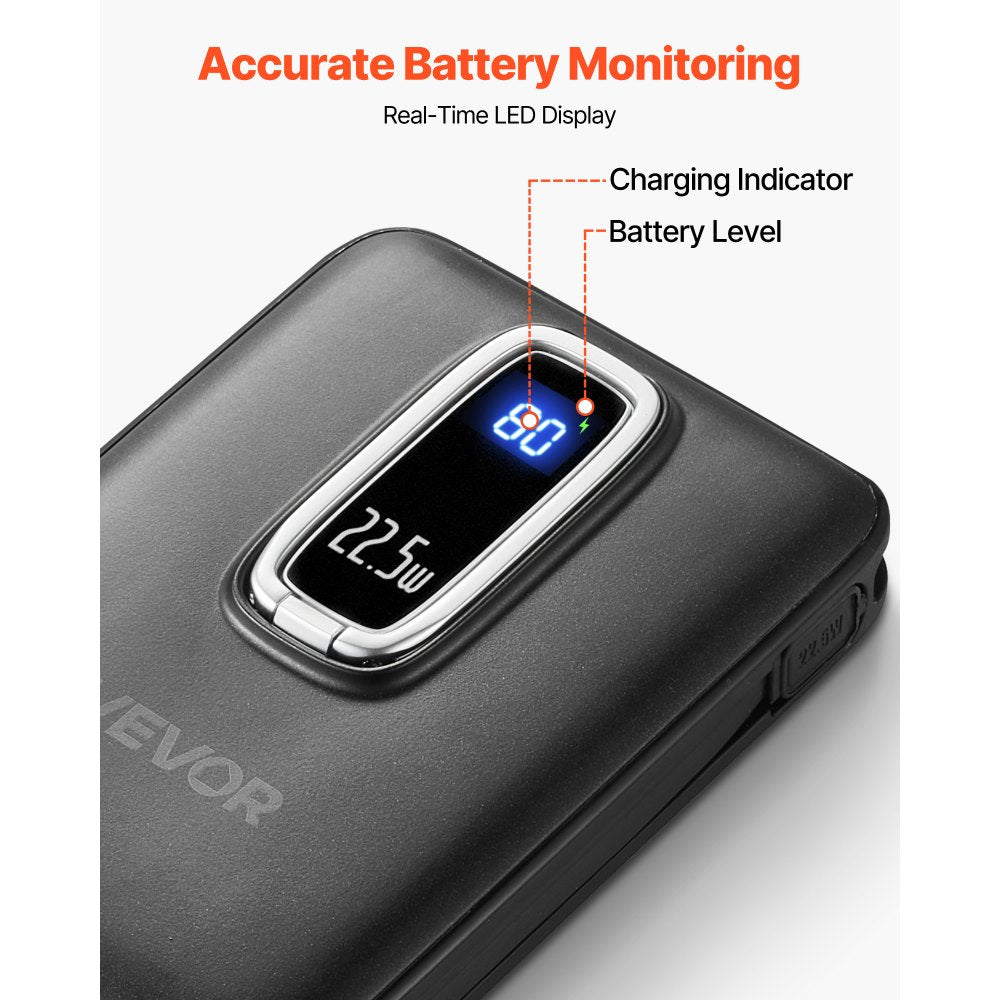 VEVOR Magnetic Power Bank, 10000 mAh Battery Pack, Wireless MagSafe-Compatible Portable Charger, with Smart LED Display, Foldable Stand, Fast Charging for iPhone16/15/14/13/12 Series, Samsung, Huawei