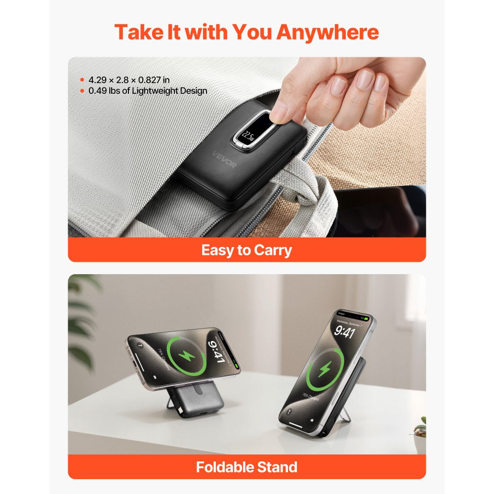 VEVOR Magnetic Power Bank, 10000 mAh Battery Pack, Wireless MagSafe-Compatible Portable Charger, with Smart LED Display, Foldable Stand, Fast Charging for iPhone16/15/14/13/12 Series, Samsung, Huawei