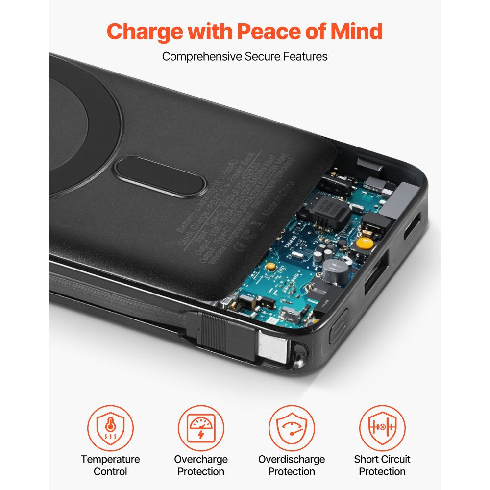 VEVOR Magnetic Power Bank, 10000 mAh Battery Pack, Wireless MagSafe-Compatible Portable Charger, with Smart LED Display, Foldable Stand, Fast Charging for iPhone16/15/14/13/12 Series, Samsung, Huawei