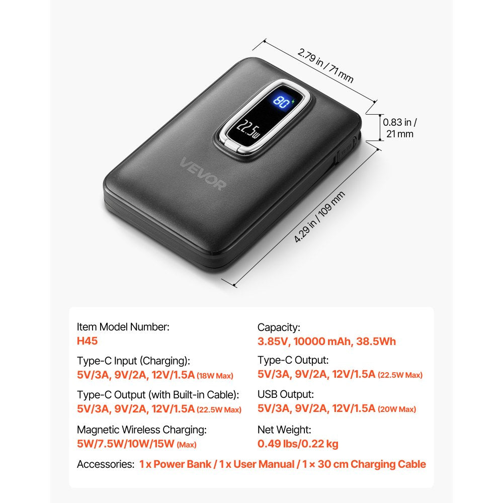 VEVOR Magnetic Power Bank, 10000 mAh Battery Pack, Wireless MagSafe-Compatible Portable Charger, with Smart LED Display, Foldable Stand, Fast Charging for iPhone16/15/14/13/12 Series, Samsung, Huawei