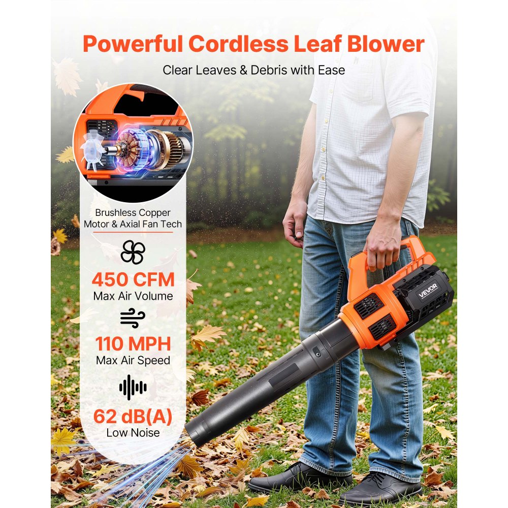VEVOR Cordless Leaf Blower, 20V Powerful Electric Leaf Blower with 2.0Ah Battery, Fast Charging & Quiet Operation, 2 Speed Control, 450 CFM/110 MPH Lightweight Powered Blowers for Leaves Lawn Care